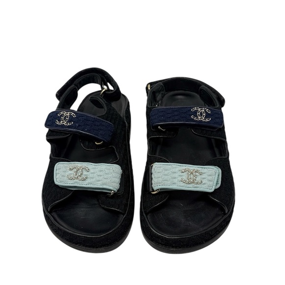 Chanel Dad Sandals CC Chain Logo Blue Two Tone Knit Flat Slingback Size 37 - Picture 3 of 9